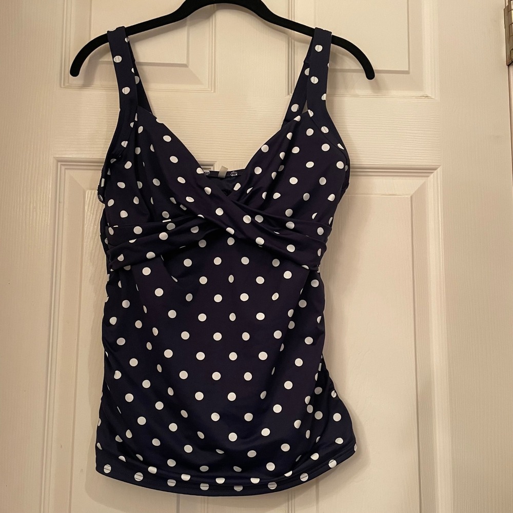 Lands End Womens Navy Blue Polka Dot Tankini Swim Top Adjustable Strap 10 D Cup